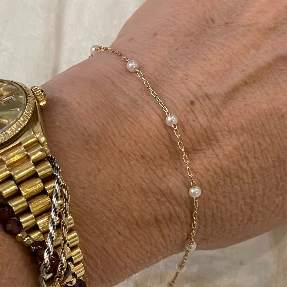 Delicate anklet gold tone faux pearl station dainty adjustable up to 10 inches